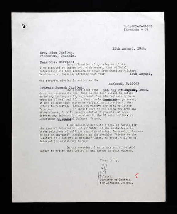 Director of Records to Edna Carlton 14 Aug. 1944