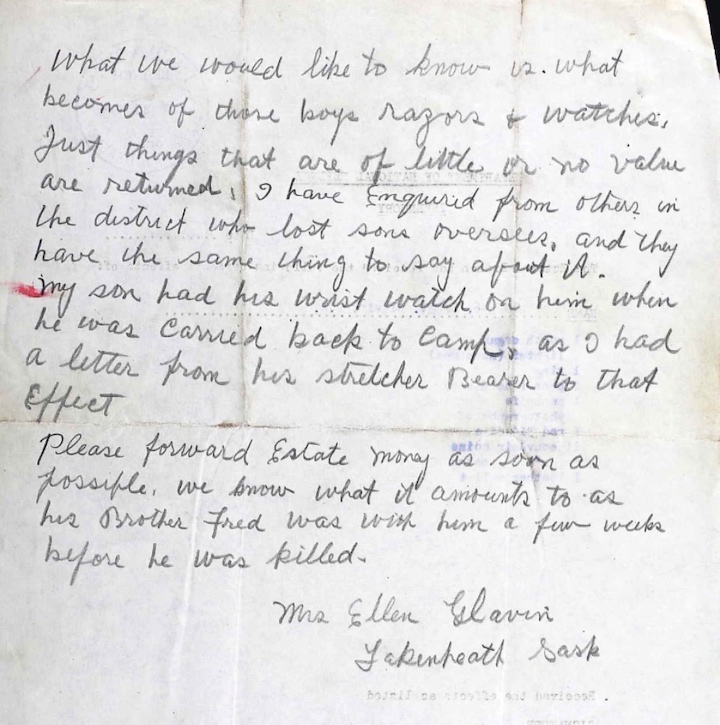 Letter from Sgt Glavin’s mother to Director of Records
