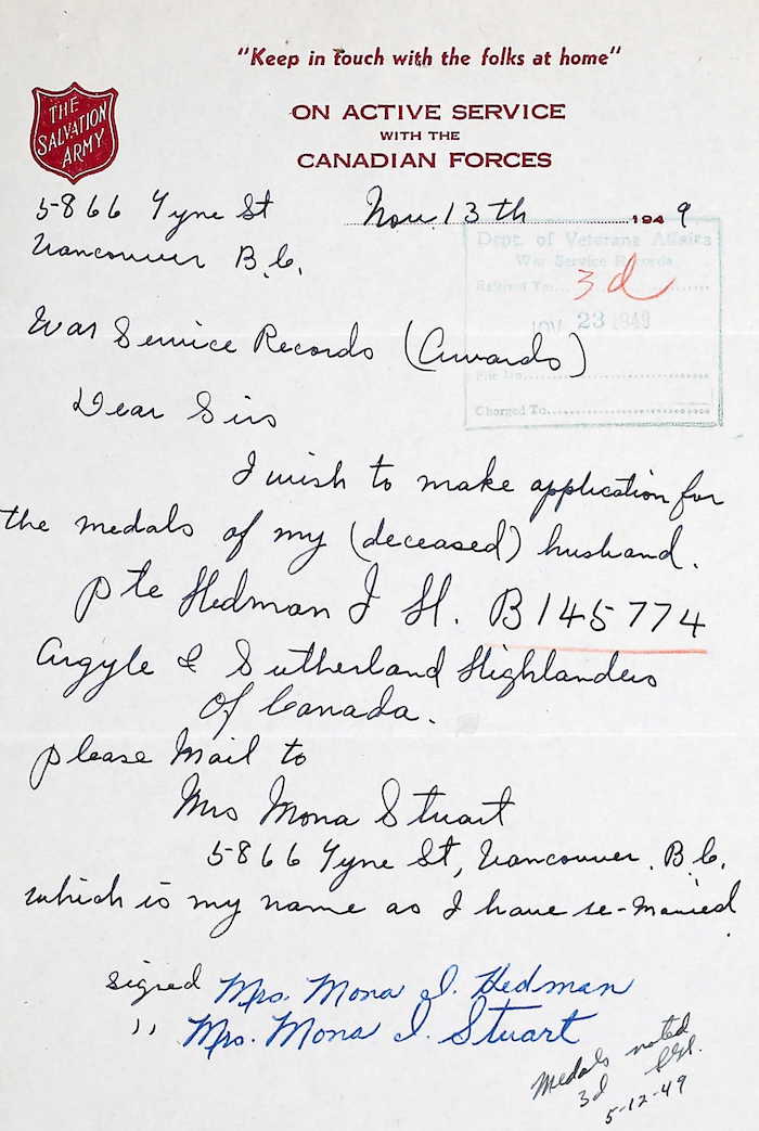 Letter Mona Hedman 14 November 1949
