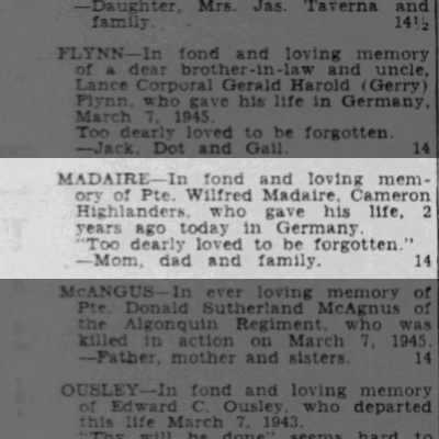 In memoriam Pte Madaire, 7 March 1947