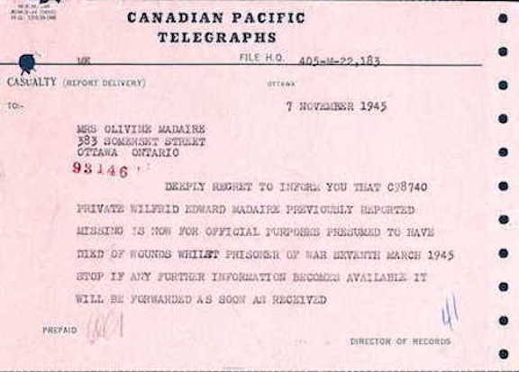 Telegram Madaire missing May 1945
