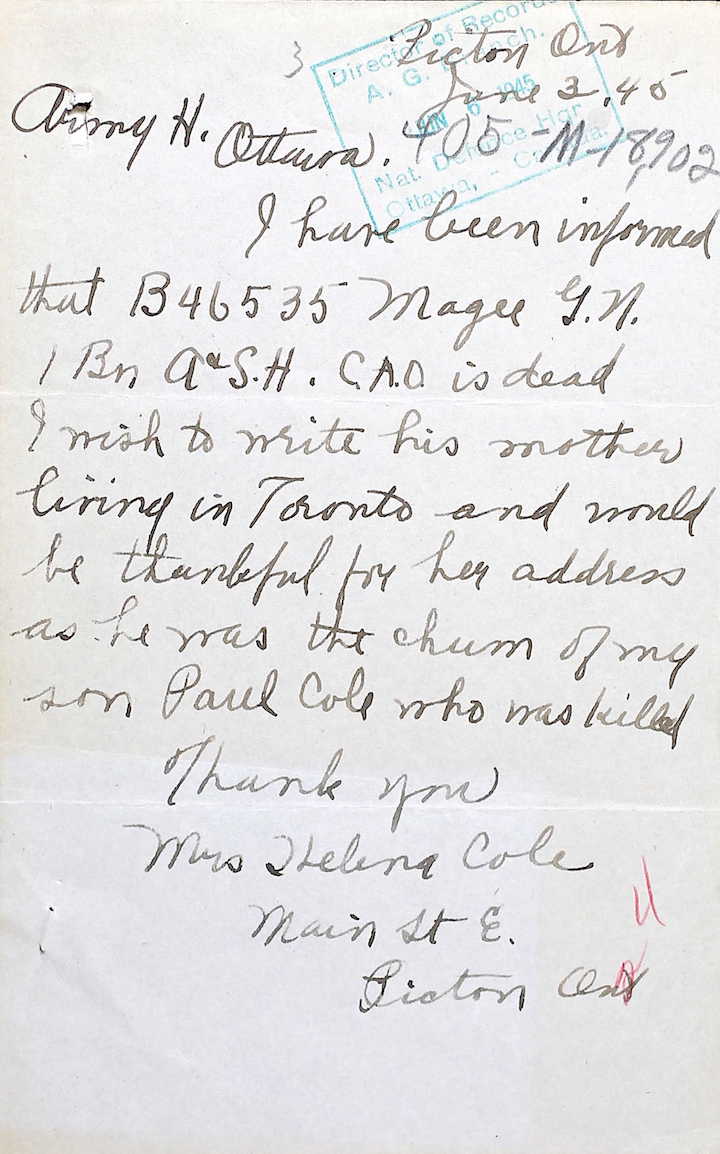 Letter Helena Cole to Army