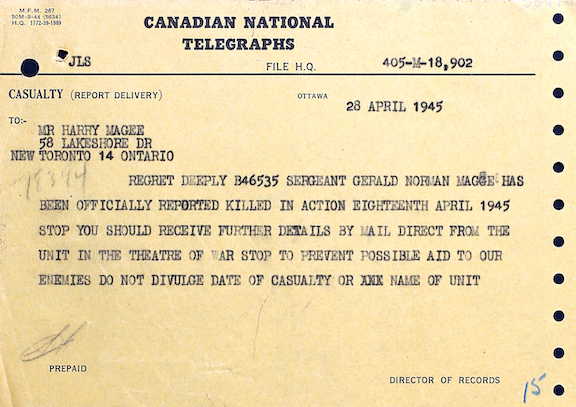 Telegram Magee 28 April 1945