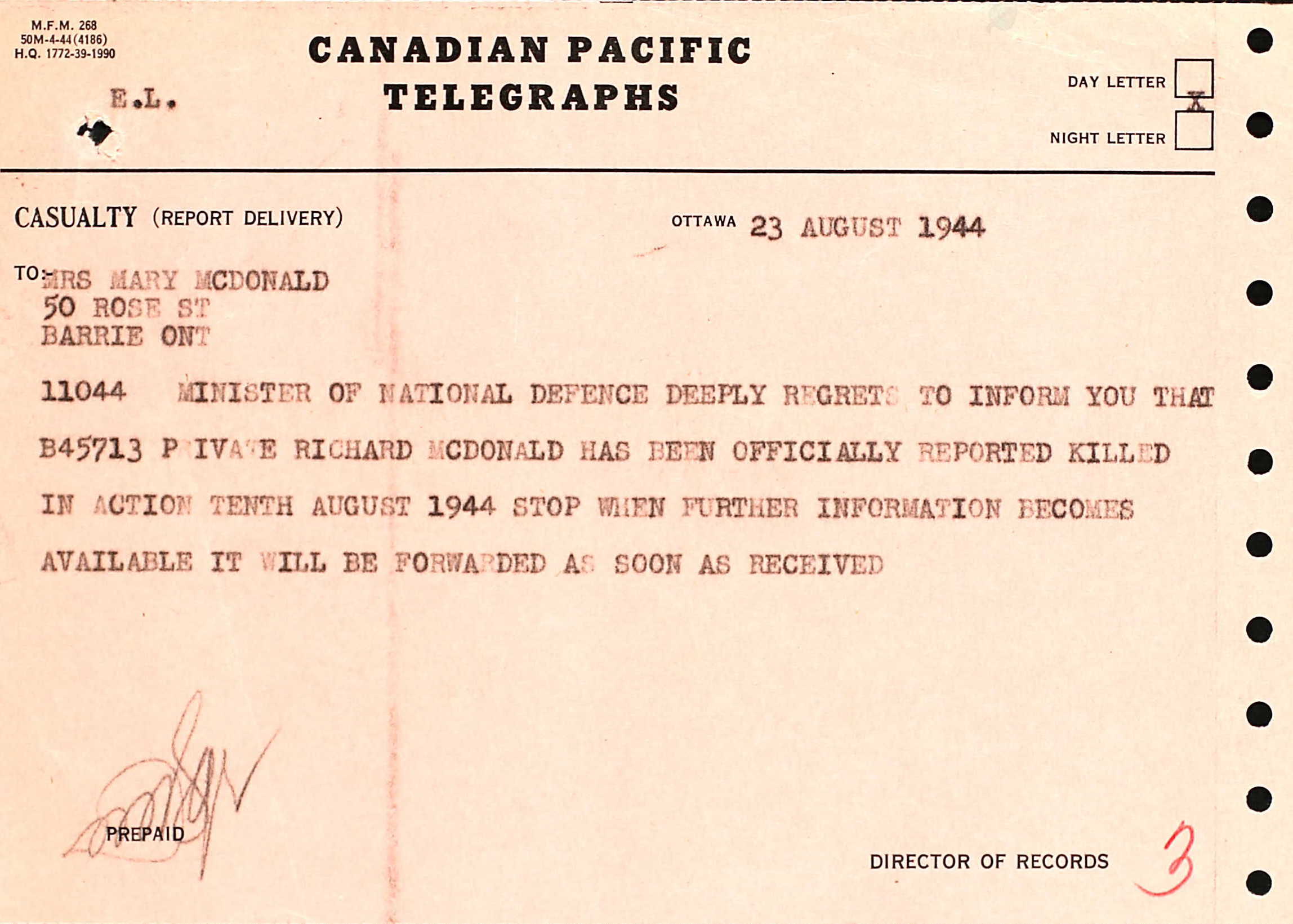 Telegram 23 August 1944