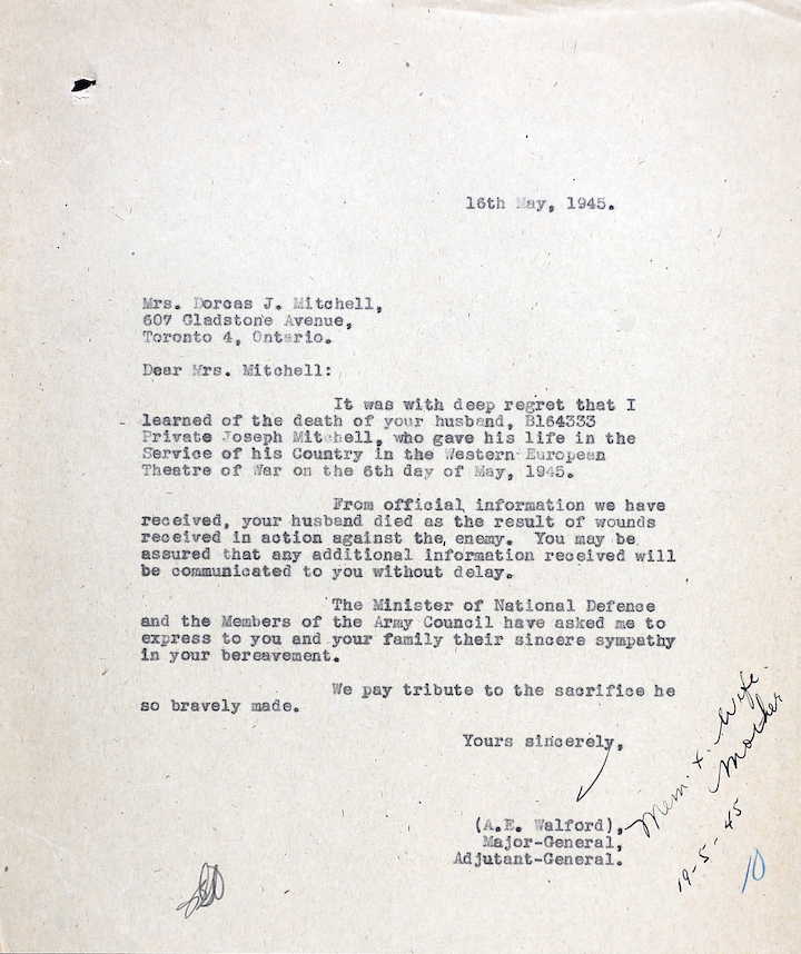 Letter from Adjutant General to Dorcas Mitchell, 16 May 1945