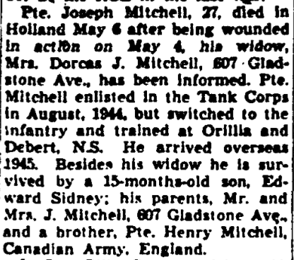 Obituary text Pte Joseph Mitchell