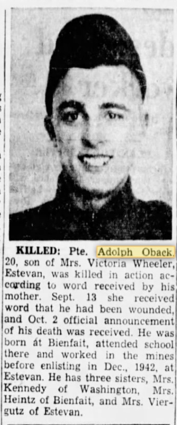 Obituary Pte Adolph OBack