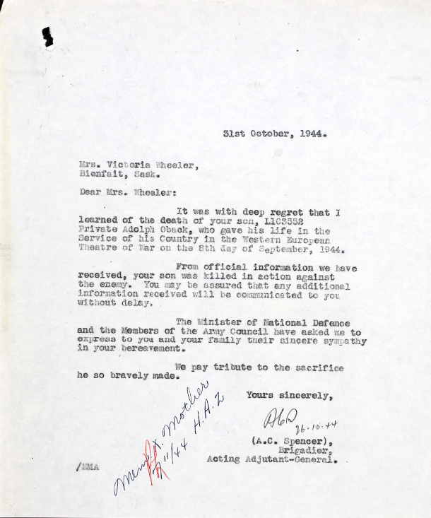 Adjutant General Letter to Victoria Wheeler