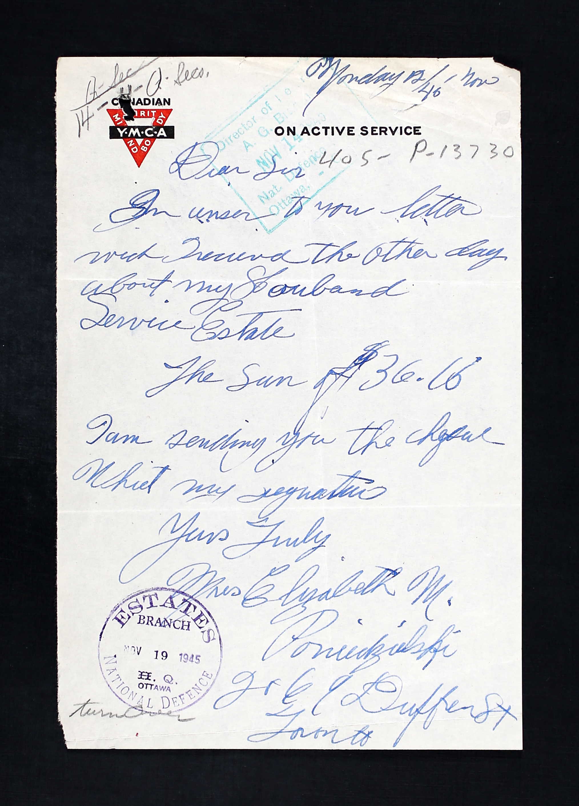 Letter to DOR 1 Nov. 1946