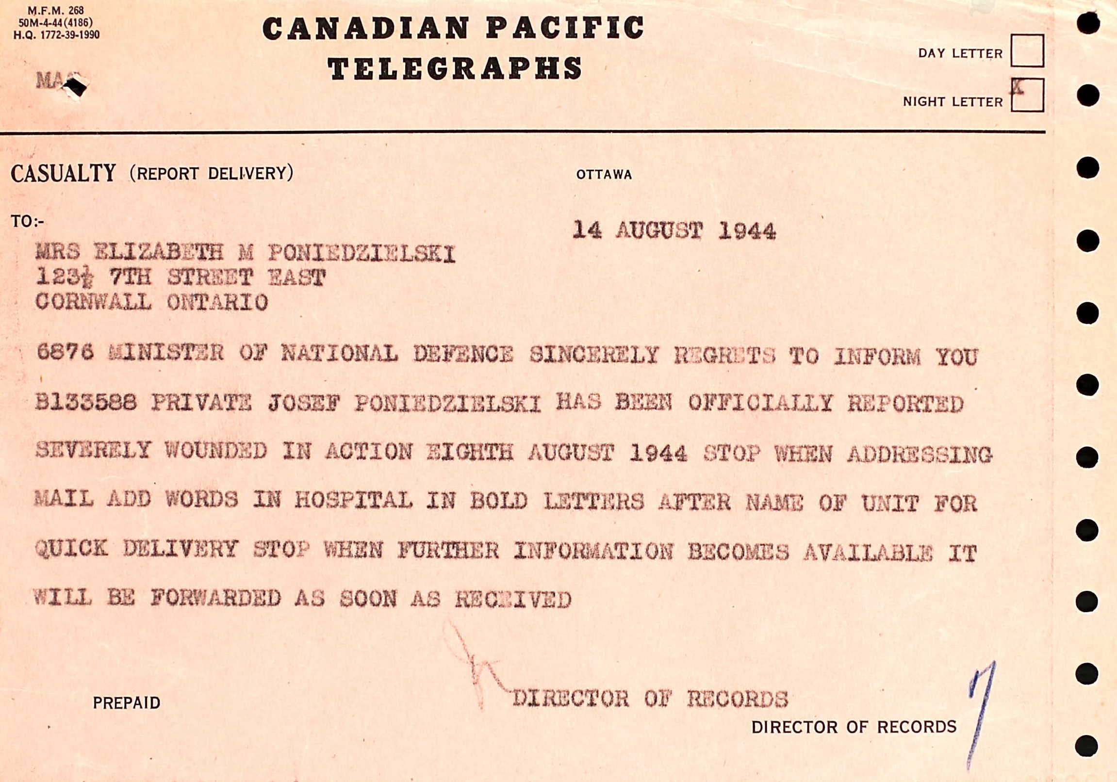 Telegram 14 Aug. 1944