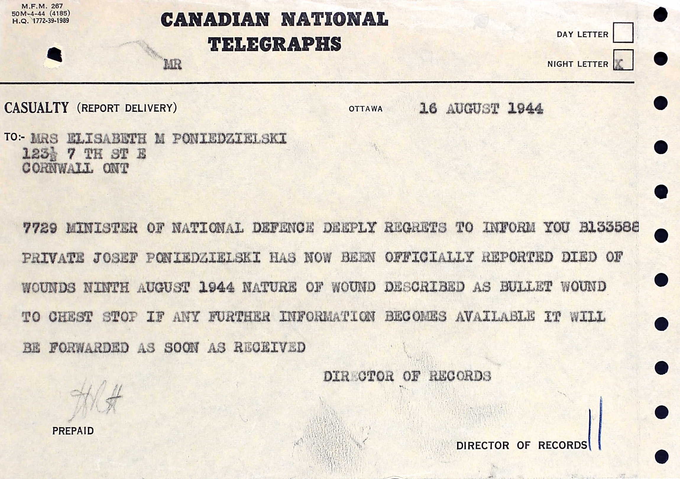 Telegram 16 Aug. 1944