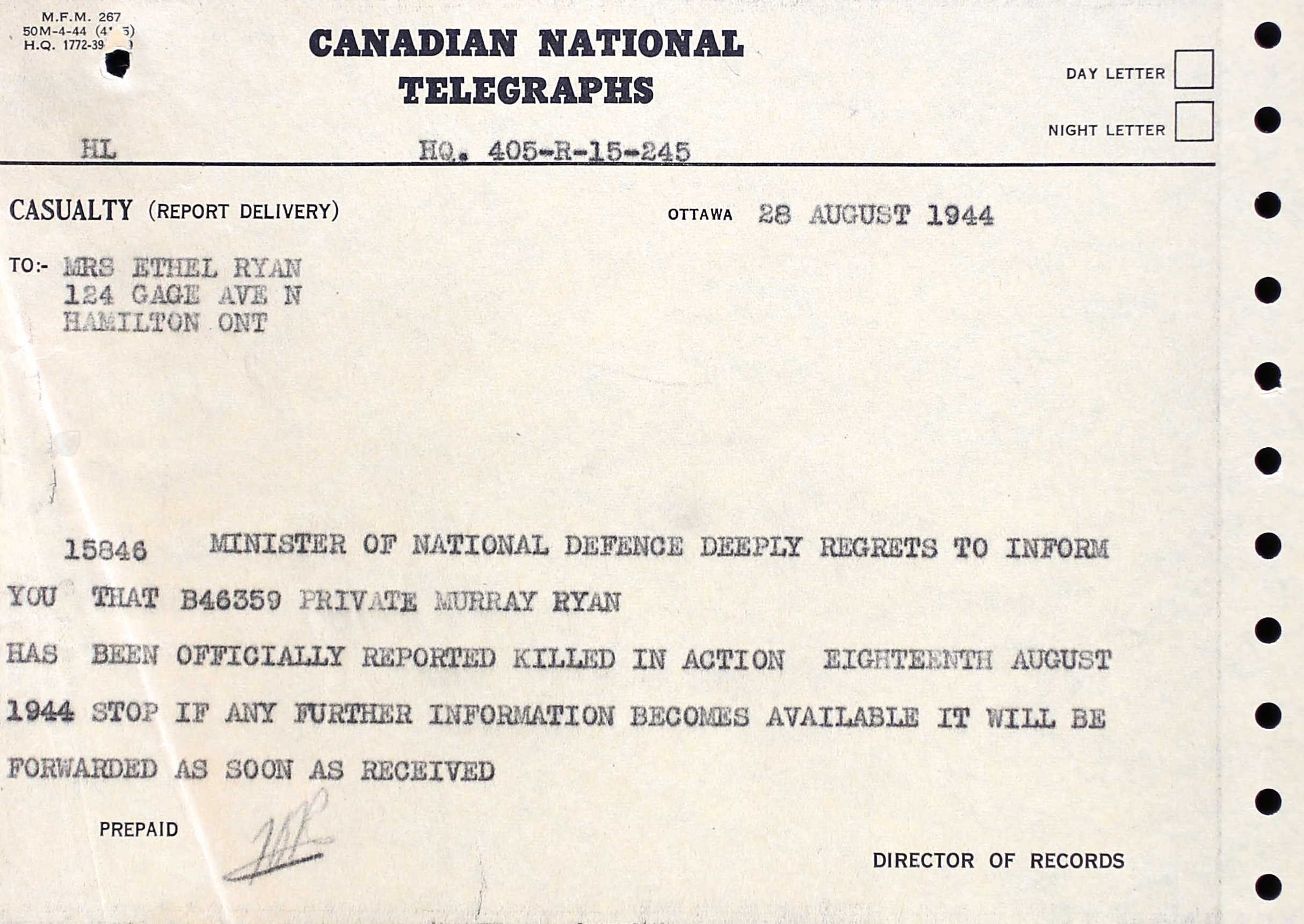 Telegram to Ethel Ryan